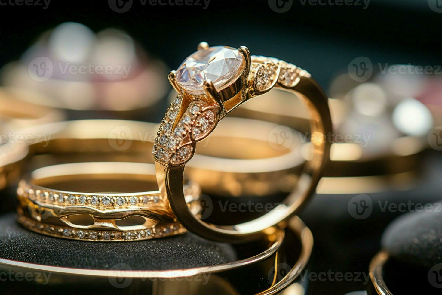 Gold jewelry and exquisite diamond rings exhibited in opulent store AI Generated photo