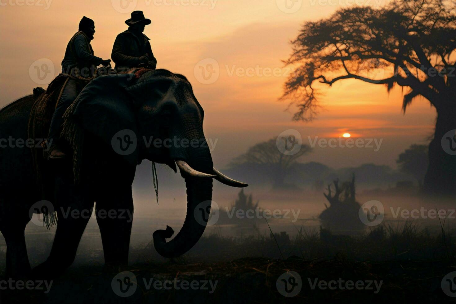 elefante paseo con cuidador de elefantes debajo un árbol durante el temprano amanecer ai generado foto