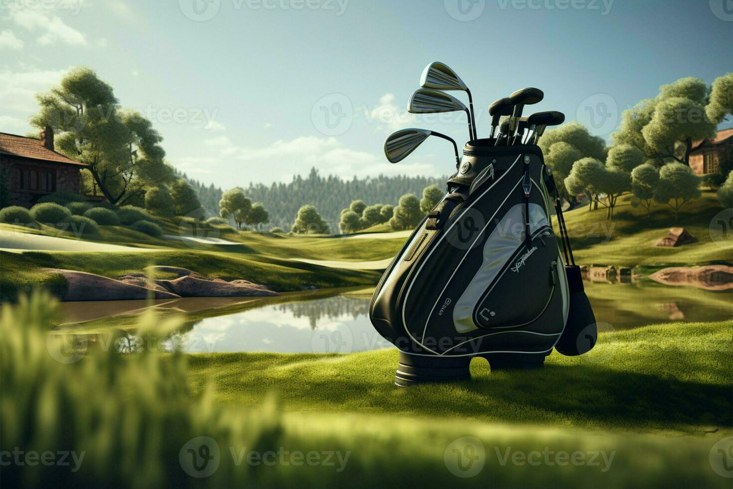 Golf resort scene with clubs, powered by neural network technology AI Generated photo
