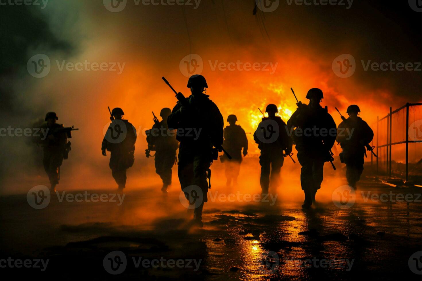 Marines in action, silhouetted in the foggy sunset, amidst gunfire and smoke AI Generated photo