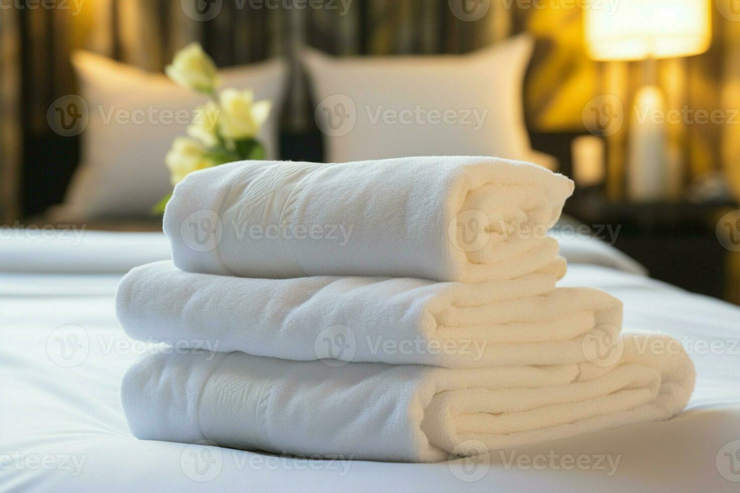 Neatly folded white towel on a luxurious hotel resort bed AI Generated photo