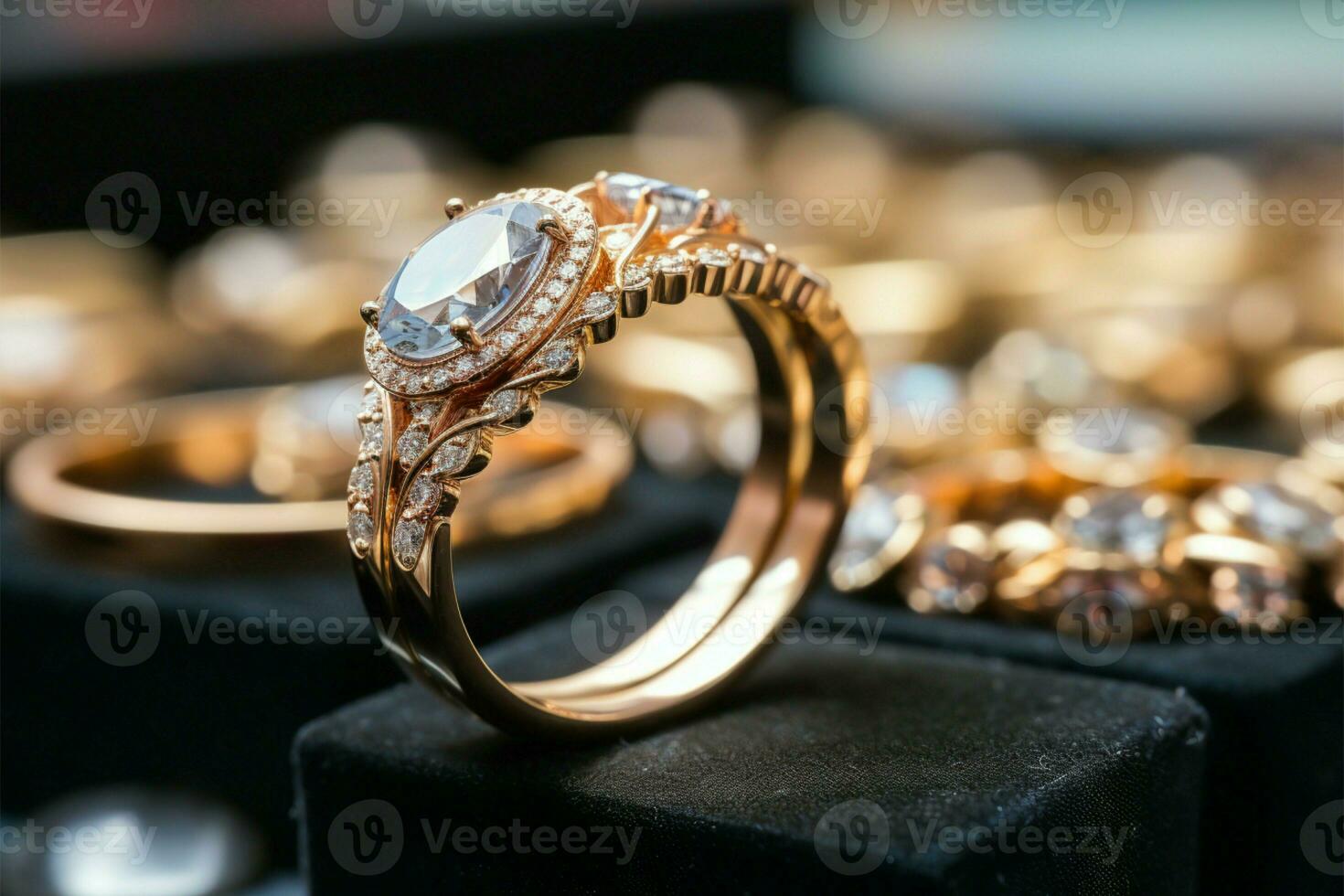 Gold jewelry and exquisite diamond rings exhibited in opulent store AI Generated photo