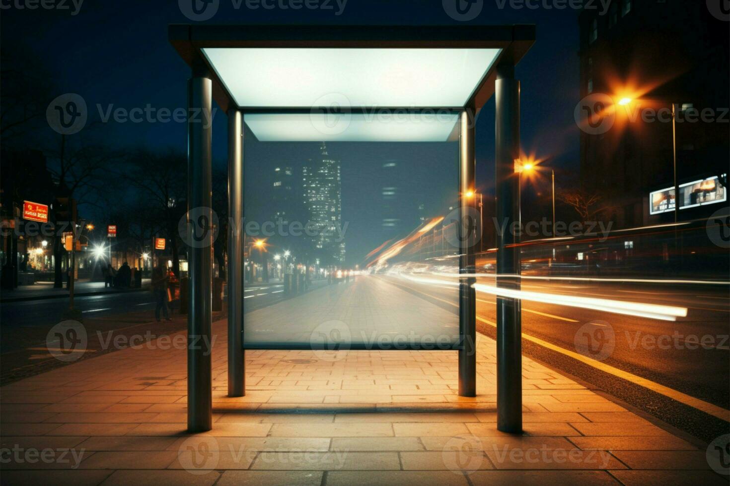 vacío anuncio ligero caja a noche autobús detener en ciudad calle ai generado foto