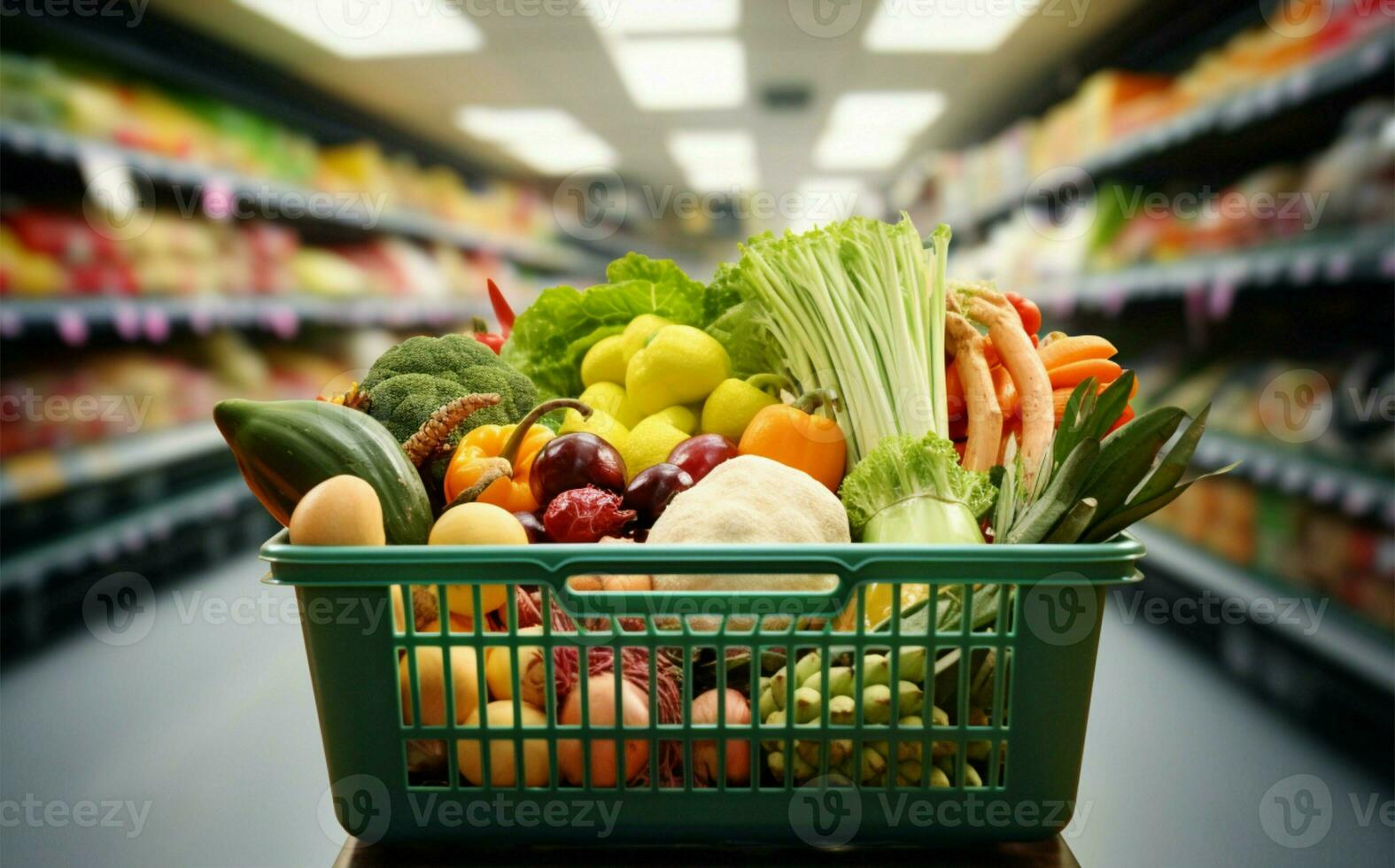 tienda de comestibles cesta lleno con Fresco producir, en medio de un bullicioso supermercado ai generado foto