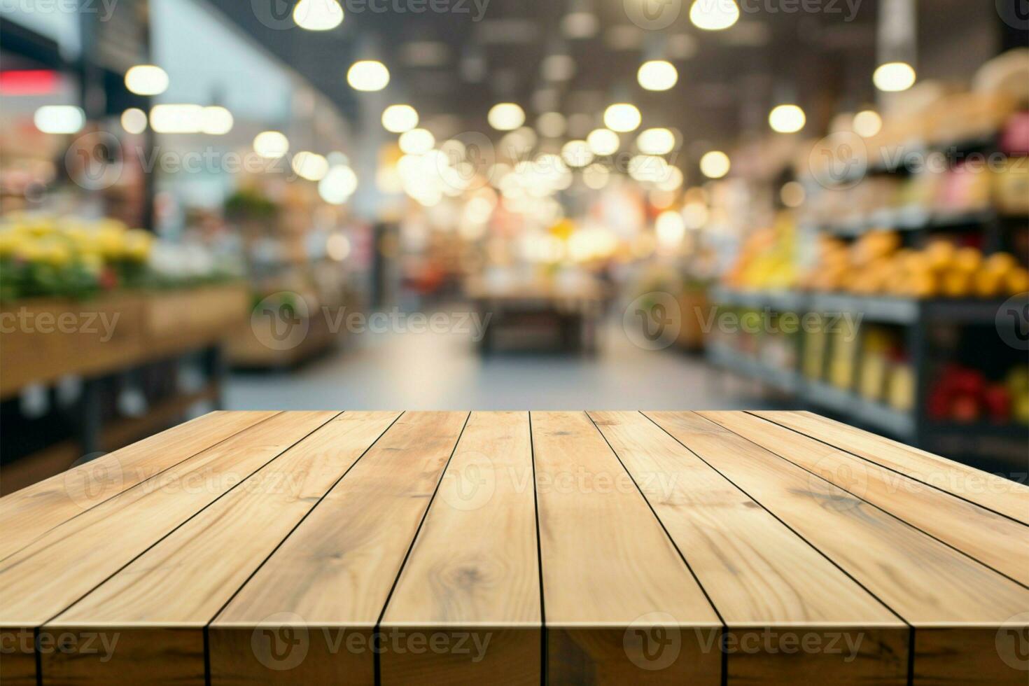 Empty wood table with a blurred supermarket background, ideal for display AI Generated photo