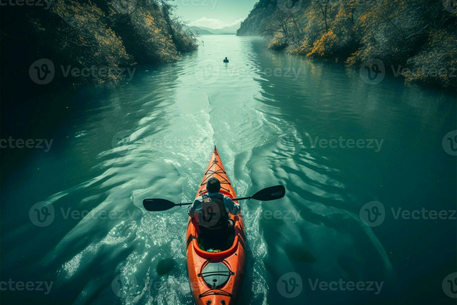 Exploring the rivers beauty while kayaking downstream on a thrilling adventure AI Generated photo