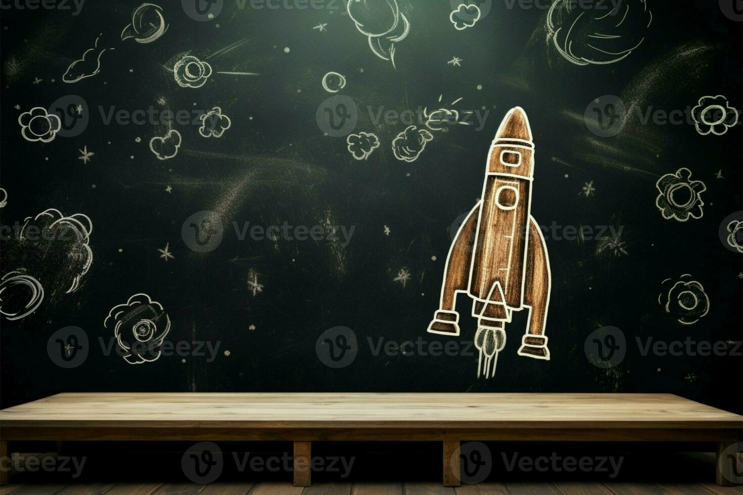 Grunge chalkboard with chalk drawn rocket, ideal for educational product showcases AI Generated photo