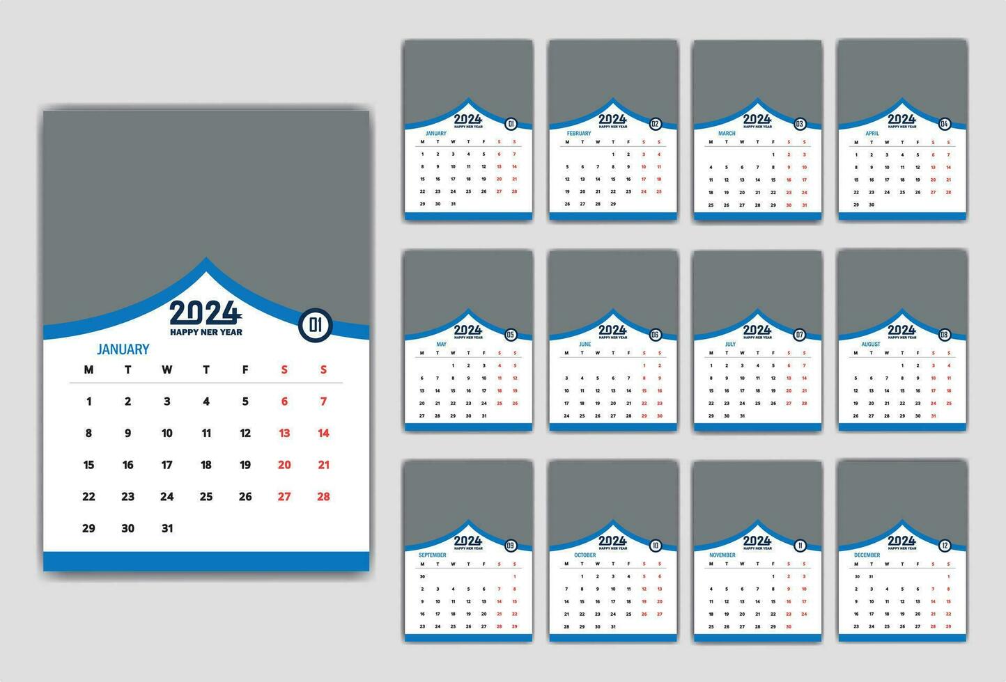 Wall Calendar 2024 new year single page 12 month annual calendar template. Monthly yearly calendar layout ready to print. 2024 annual calendar grid wall or desk layout. Planner for 2024 year, diary. vector