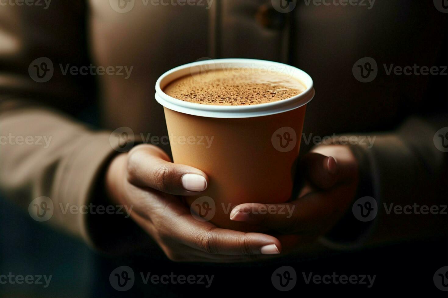 cerca arriba Disparo mano agarre un consolador café taza ai generado foto