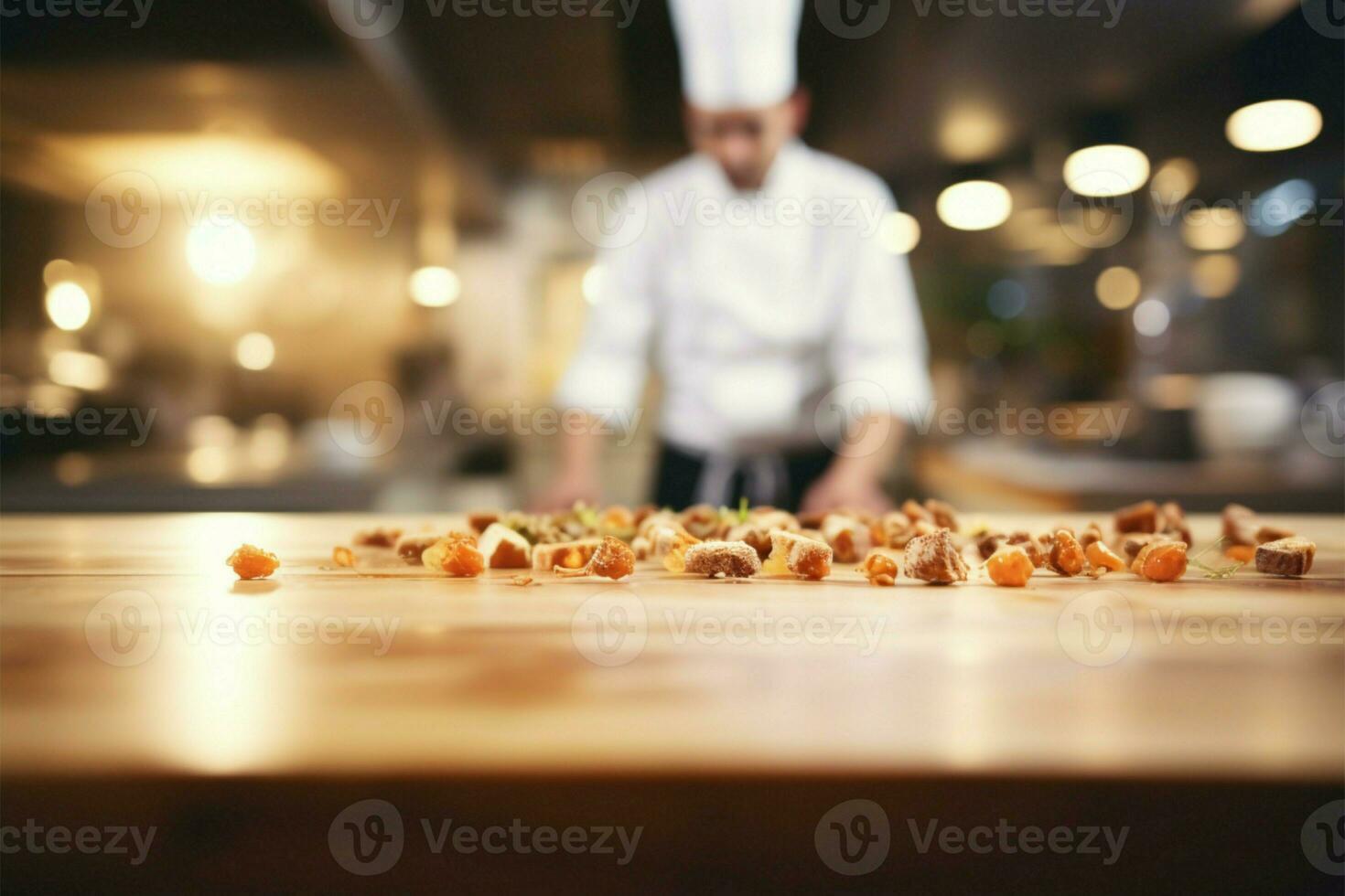 Chefs artistry in the kitchen, wood table defocused in the backdrop AI Generated photo