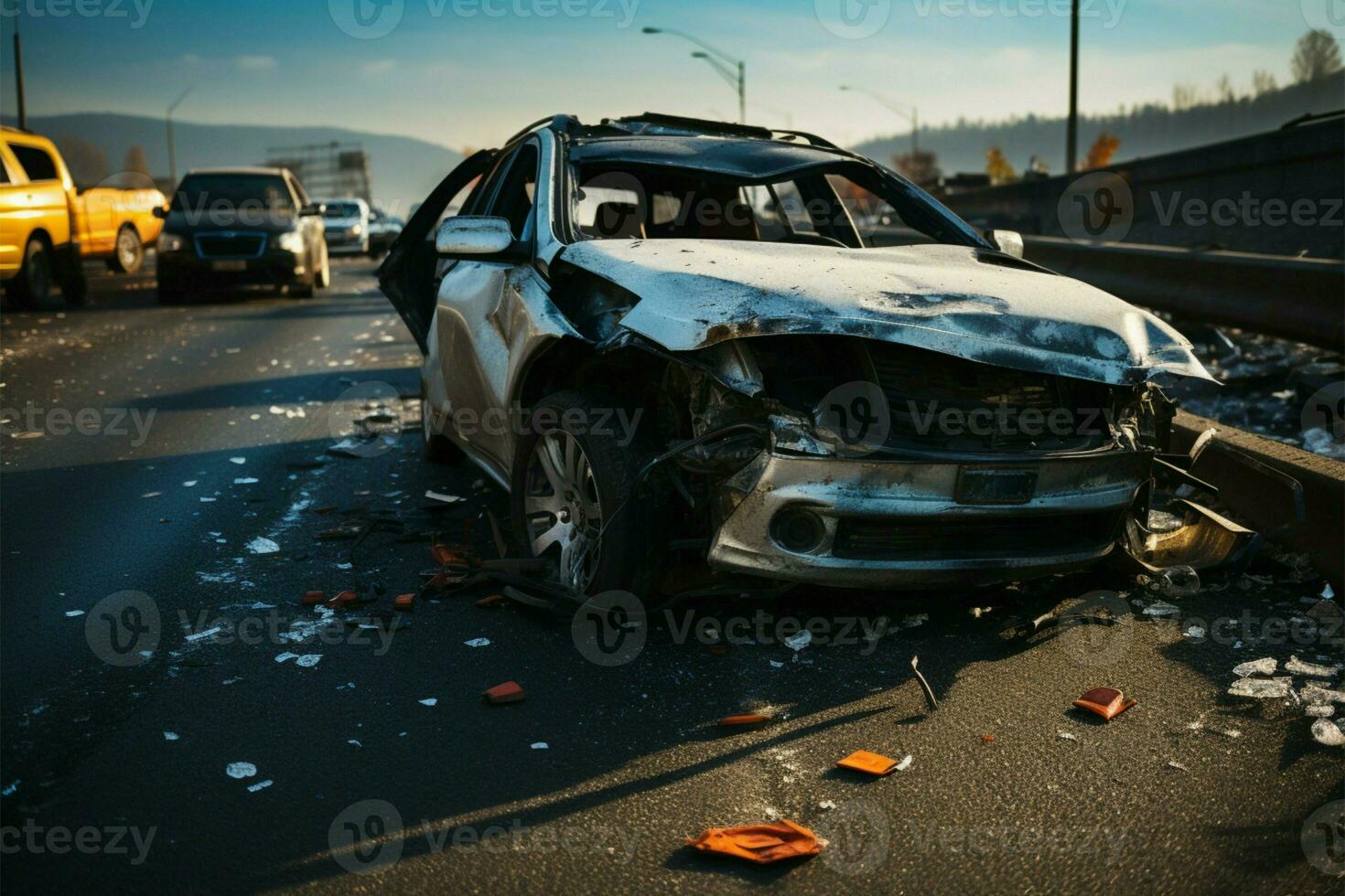 coche dañado en un autopista accidente, destrucción en el la carretera ai generado foto
