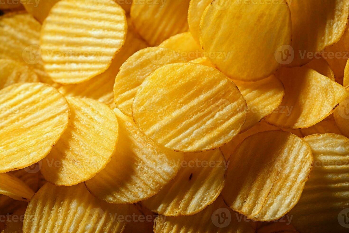 Crispy, golden potato chips showcase their delightful texture in the background AI Generated photo