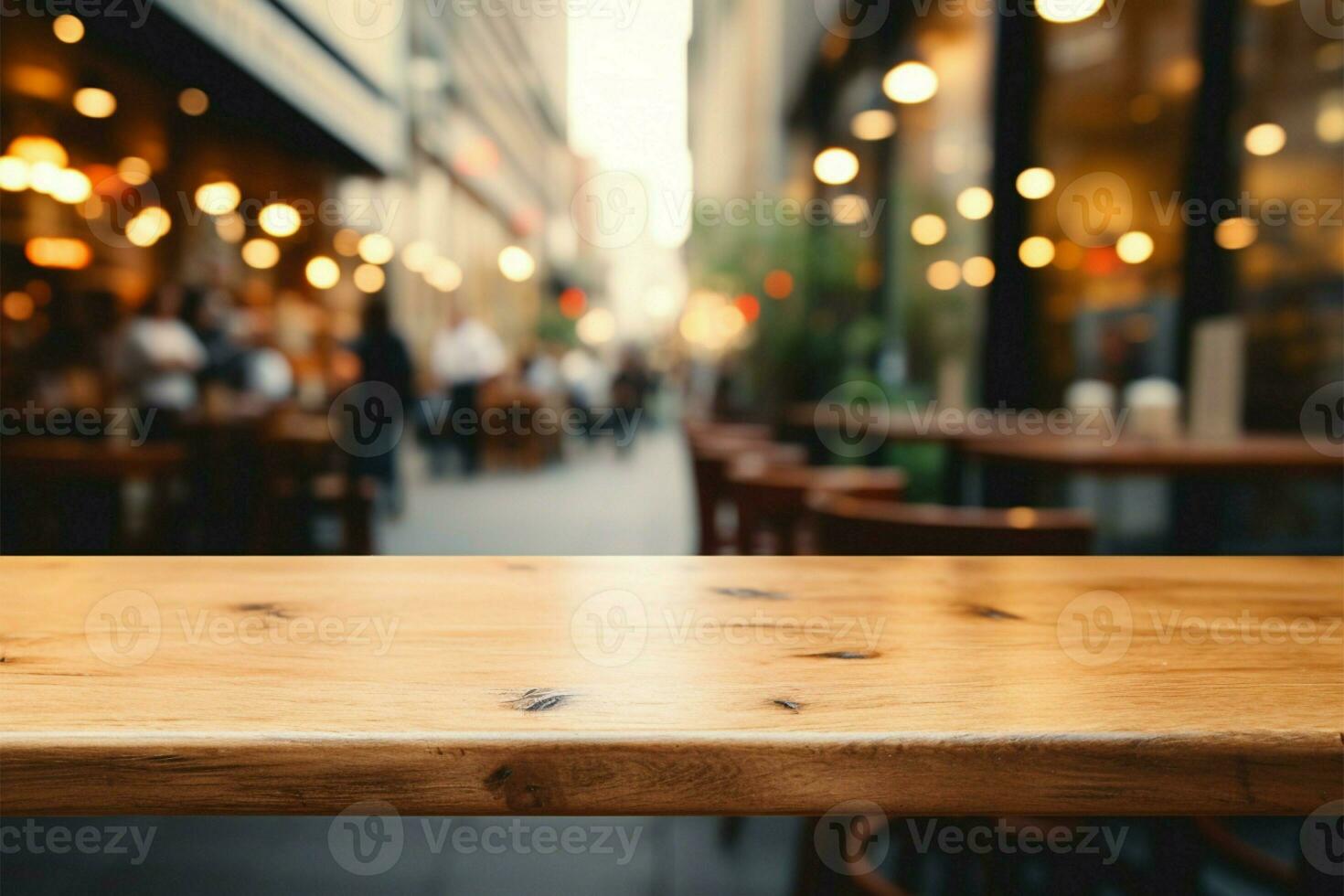 Coffee shops bustling blur behind a rustic wooden table setting AI Generated photo