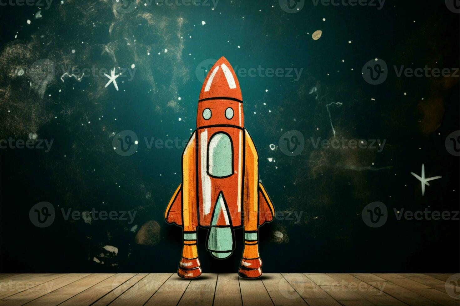 Chalk style retro rocket on grunge chalkboard, ideal for educational concepts AI Generated photo