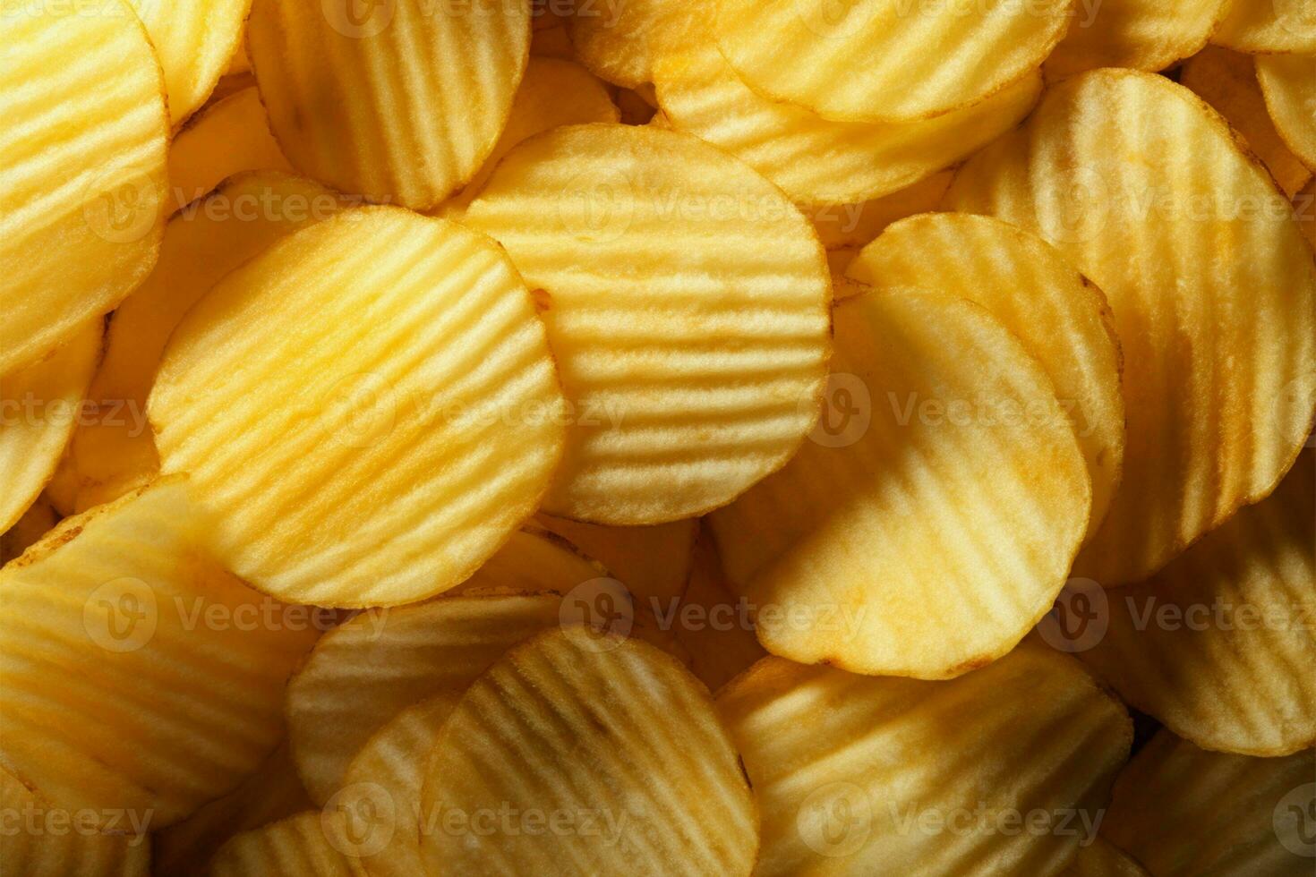 Closeup top view of textured potato chips, a tasty snack AI Generated photo