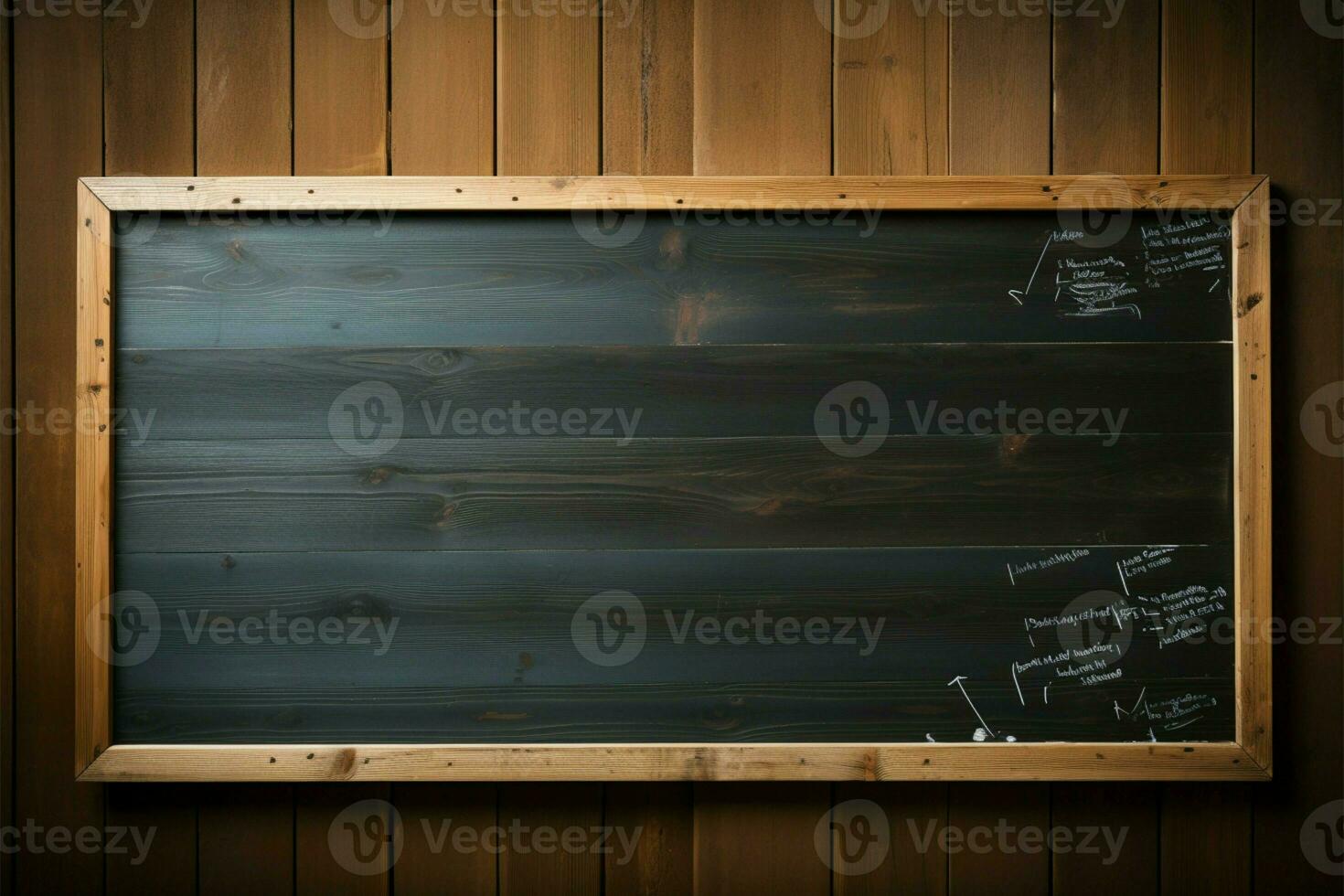 Chalkboard affixed to a rustic wooden wall, a classic educational element AI Generated photo