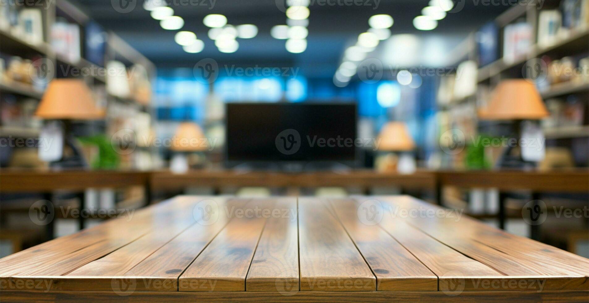 Empty wood table set against the TV section in an electronics store AI Generated photo