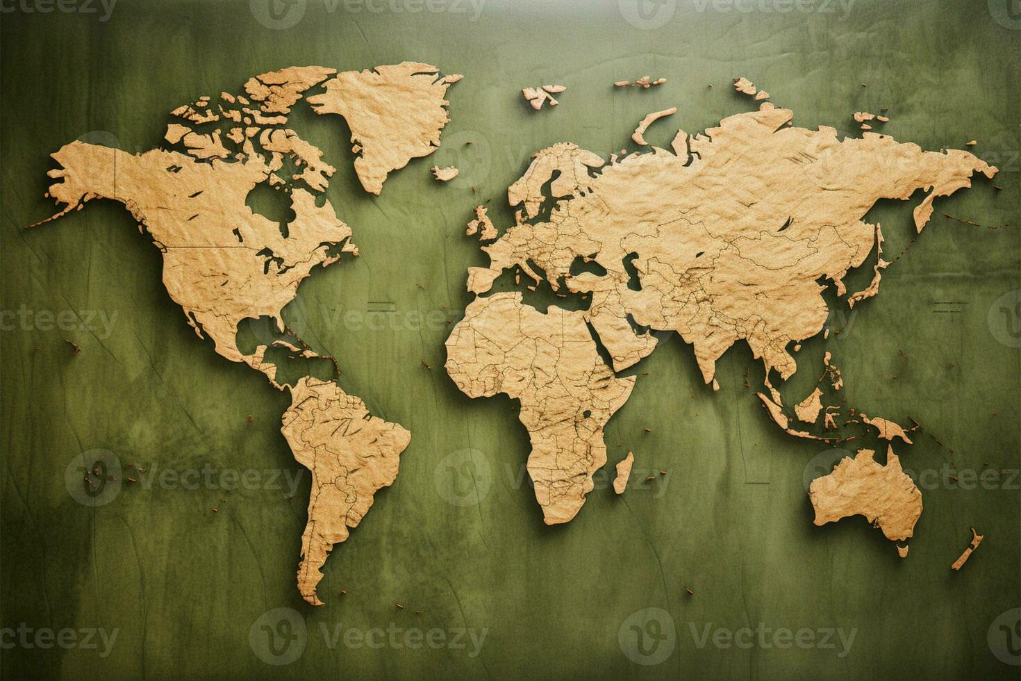 Classic world map on aged cardboard, a rustic cartographic masterpiece AI Generated photo