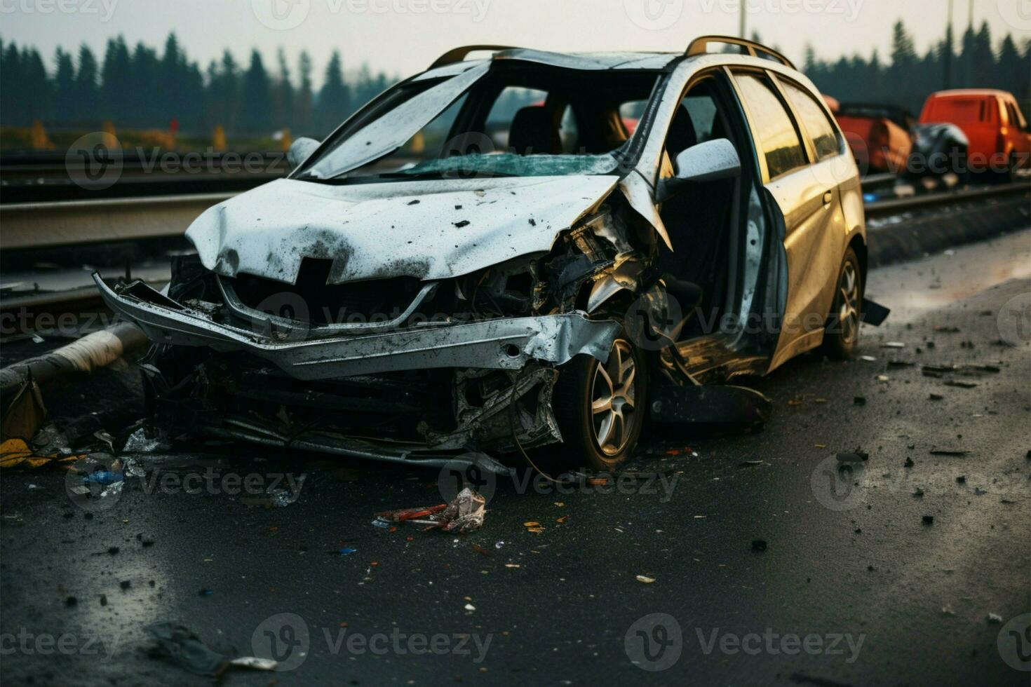 Car damaged in a highway accident, wreckage on the road AI Generated photo