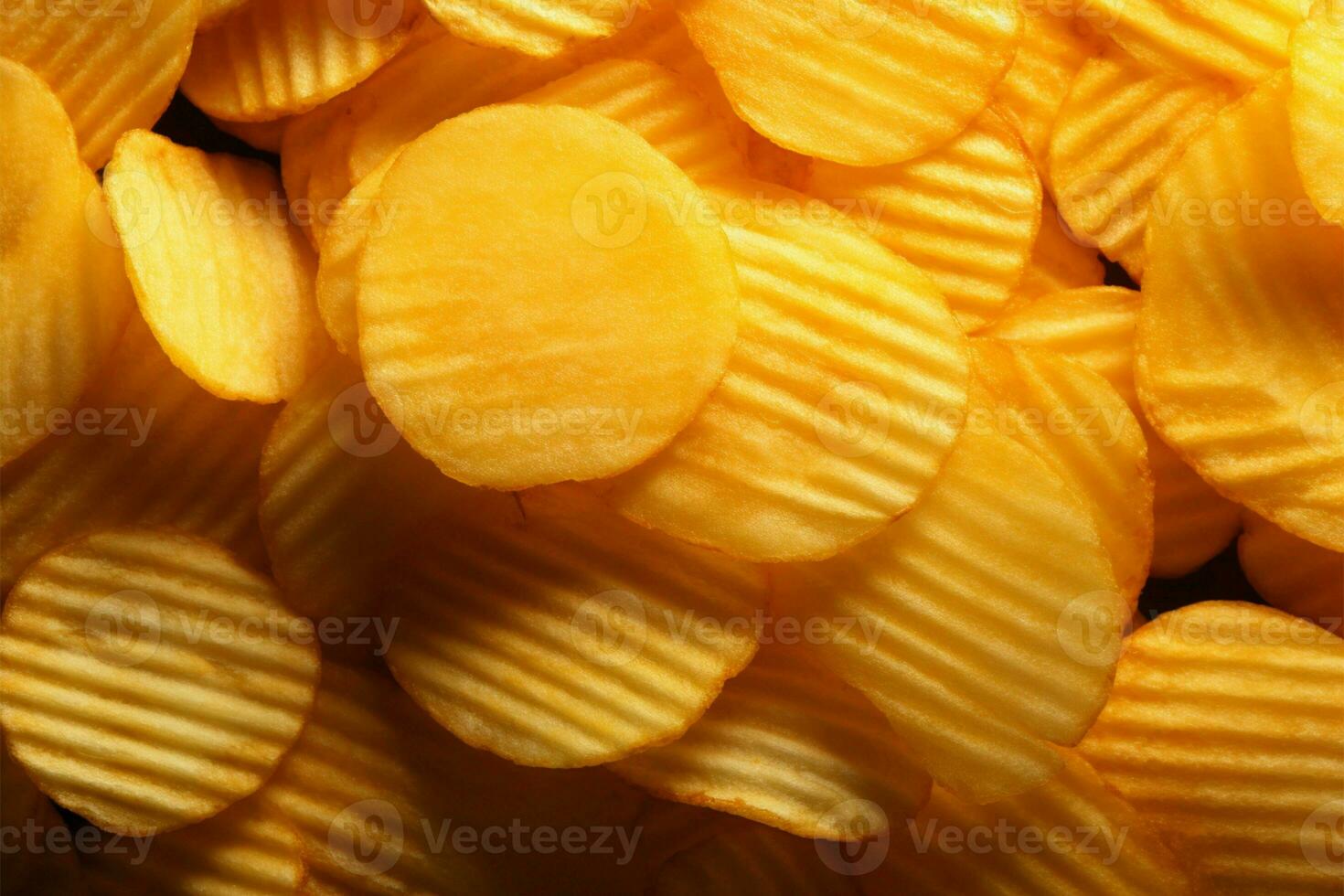 Closeup top view of textured potato chips, a tasty snack AI Generated photo