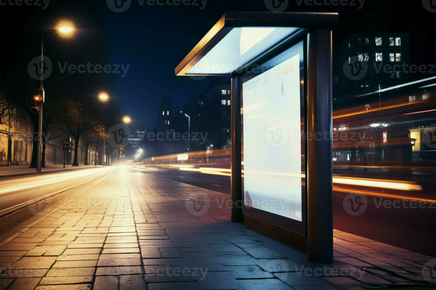 ciudad autobús detener con blanco anuncio ligero caja en el noche ai generado foto