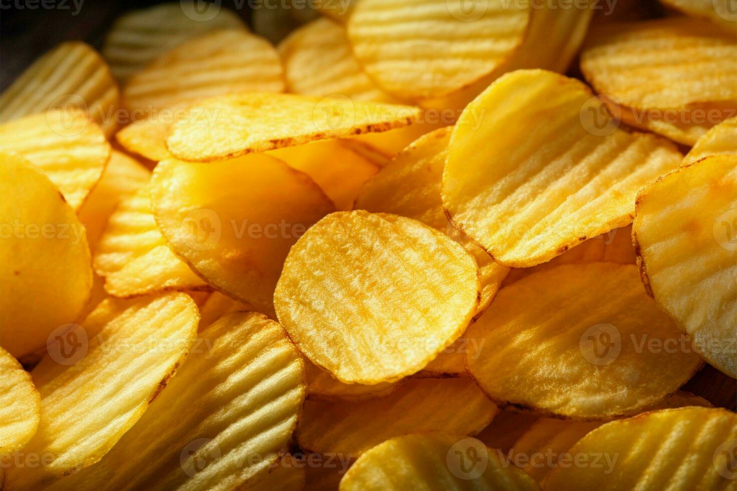 Crispy, golden potato chips showcase their delightful texture in the background AI Generated photo