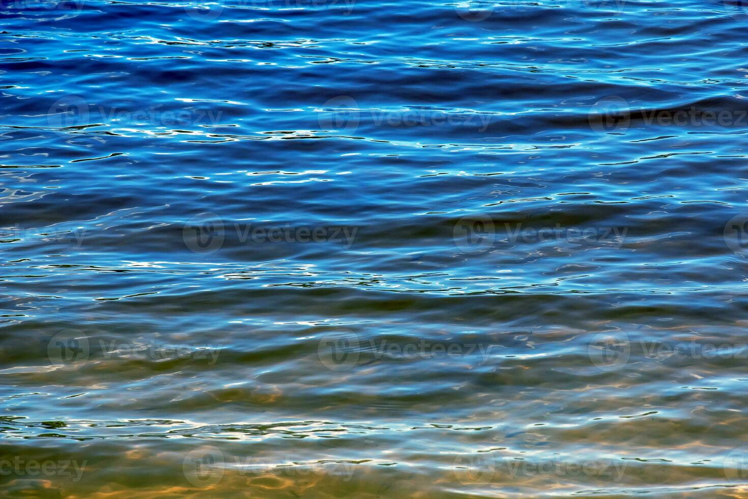 Water ripple texture background. Wavy water surface during sunset, golden light reflecting in the water. photo