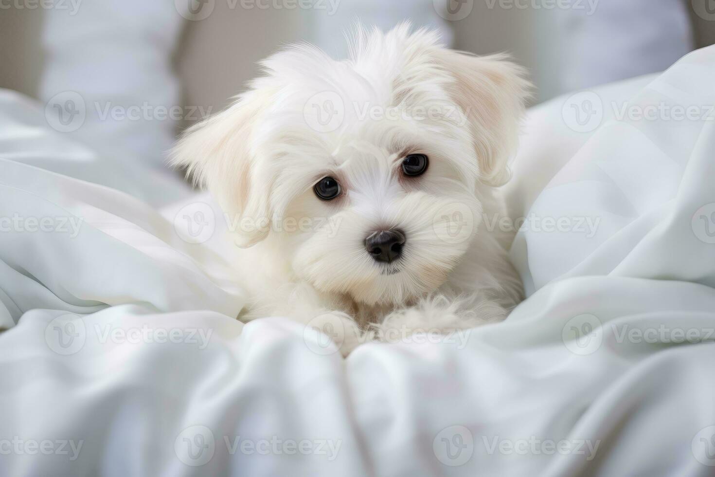 Photo of a sweet Maltese puppy with a charming demeanor on a clean white sheet. Generative AI