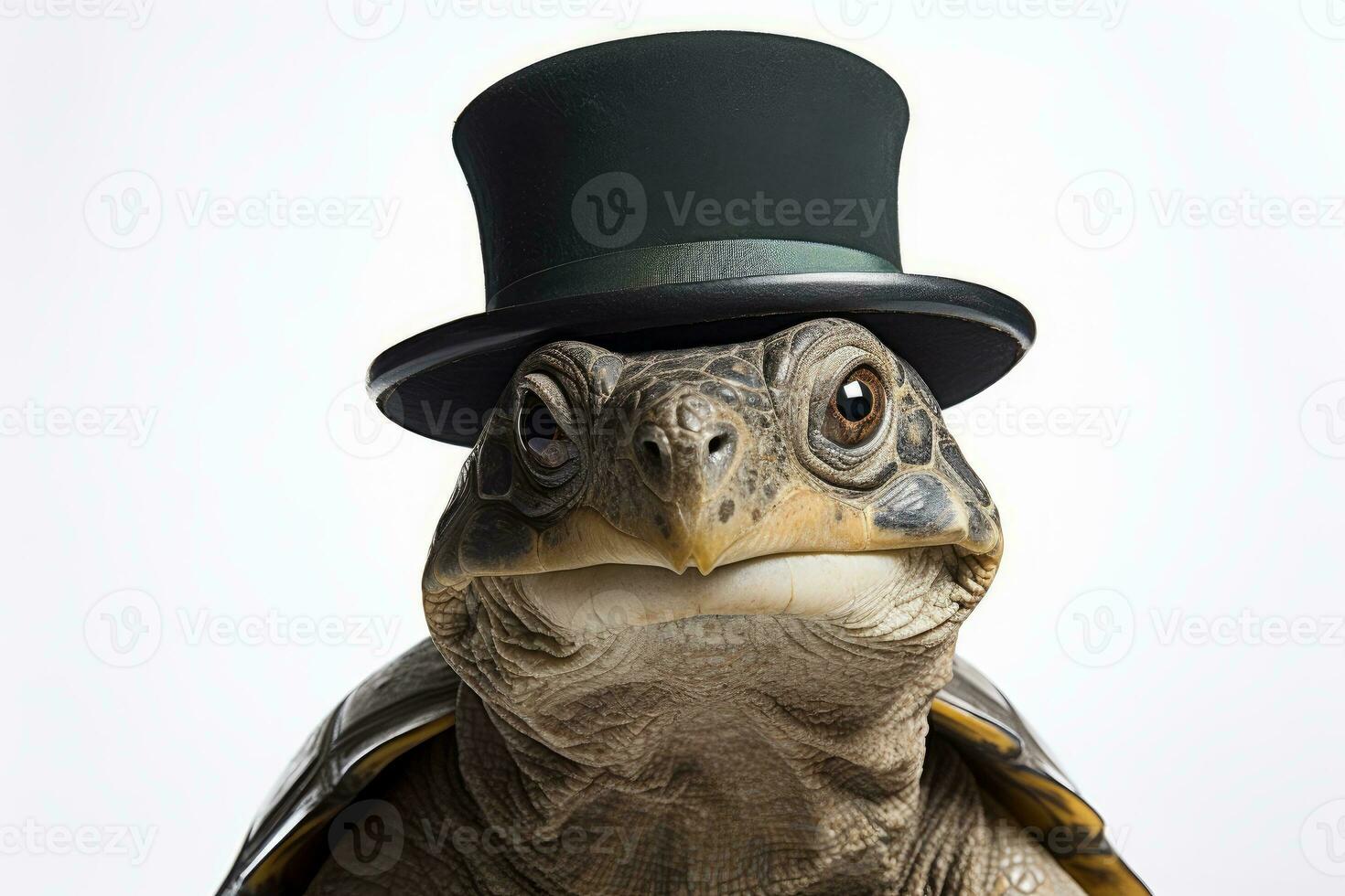 Photo of a turtle sporting a monocle and top hat with a white background. Generative AI