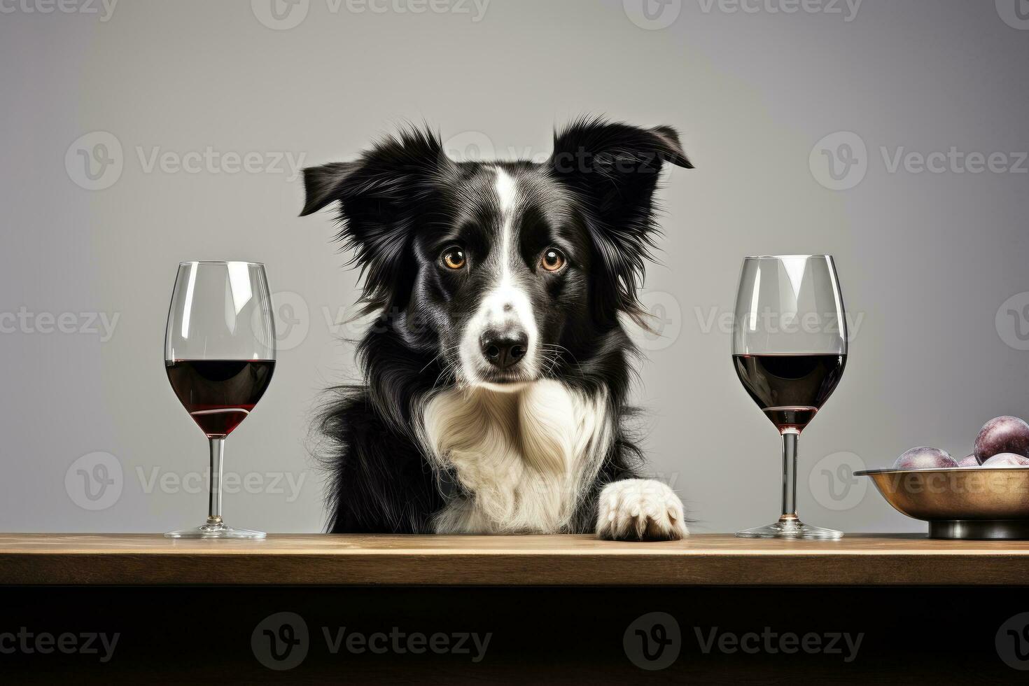 Photo of a spirited Border Collie with intense focus on a spotless white table. Generative AI
