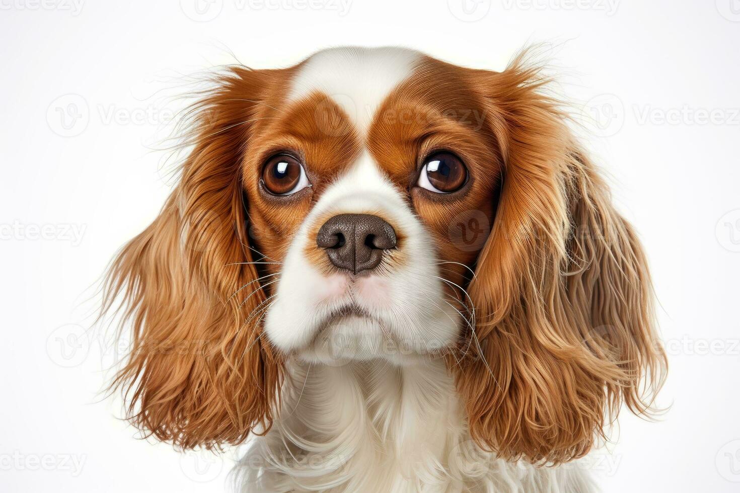 Photo of a sweet Cavalier King Charles Spaniel with soulful eyes on a clean white backdrop. Generative AI