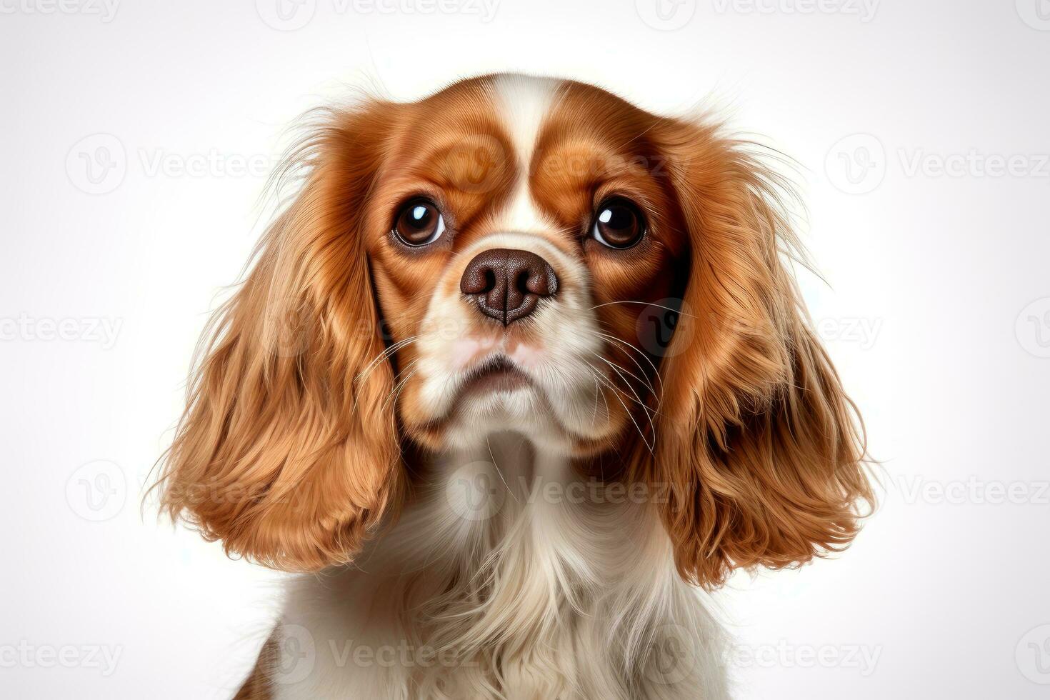Photo of a sweet Cavalier King Charles Spaniel with soulful eyes on a clean white backdrop. Generative AI