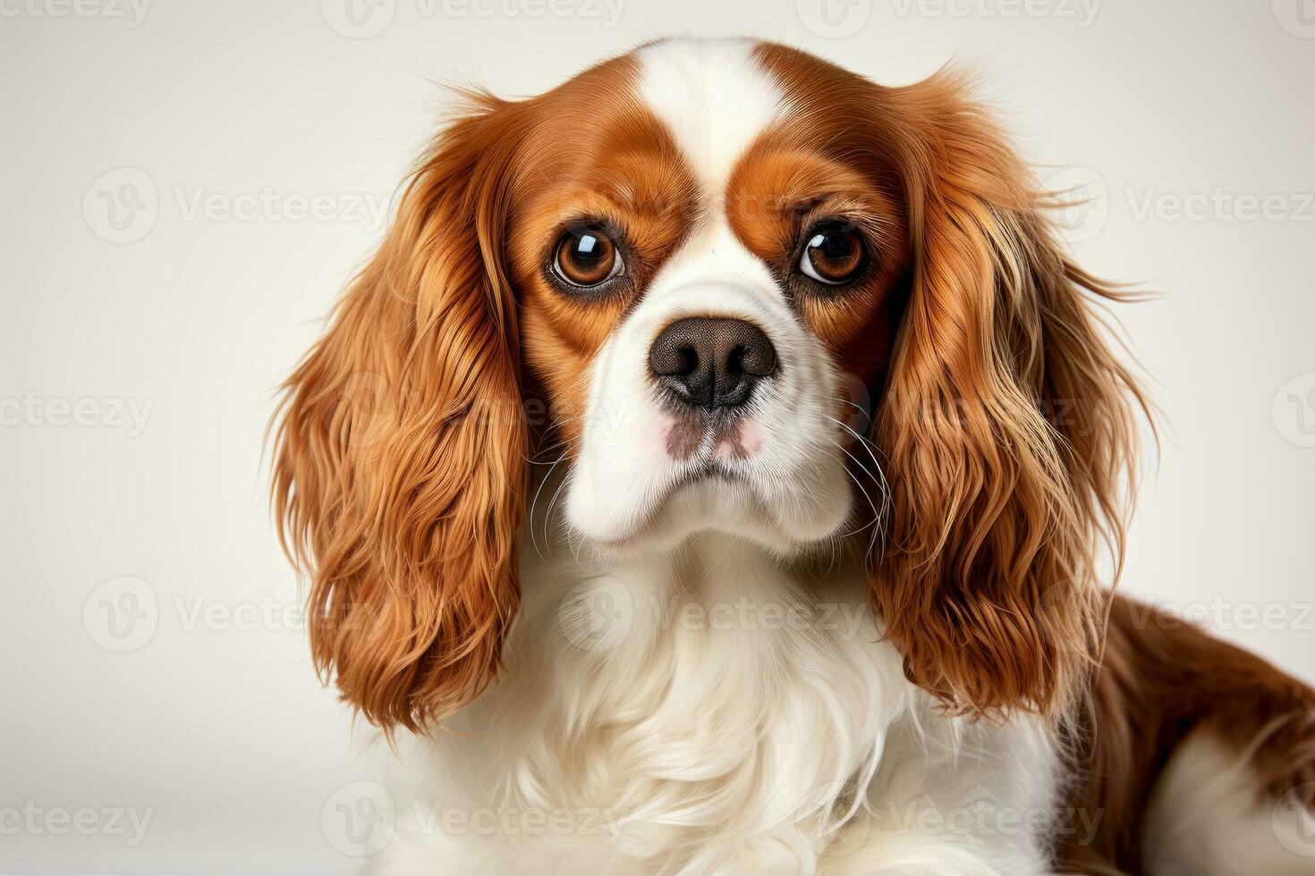 Photo of a sweet Cavalier King Charles Spaniel with soulful eyes on a clean white backdrop. Generative AI
