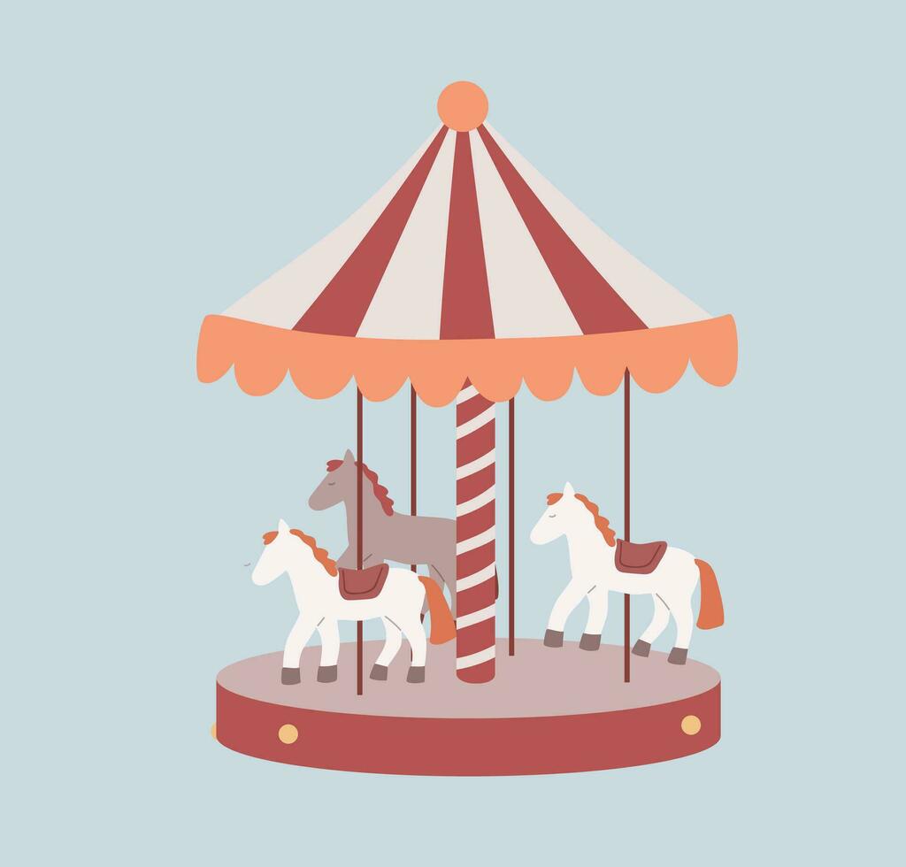 Carousel, carrousel, merry-go-round, roundabout with horses isolated. Flat vector illustration.