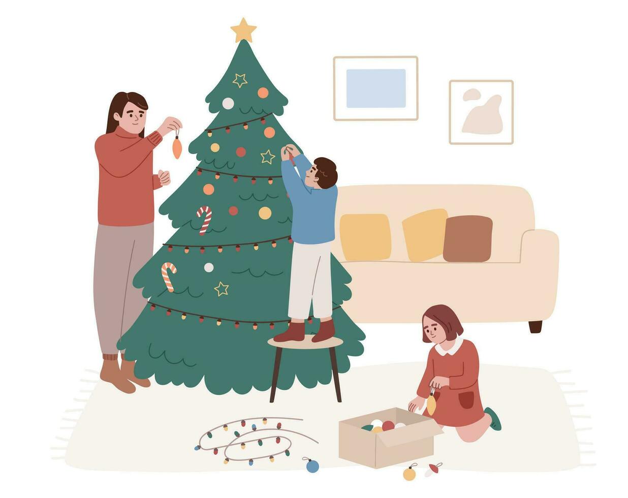 Mother and children decorating Christmas tree. Christmas eve. New Year celebration. Woman, boy and girl preparing for the festivity. Cozy evening at home. Christmas bulbs, garlands. vector