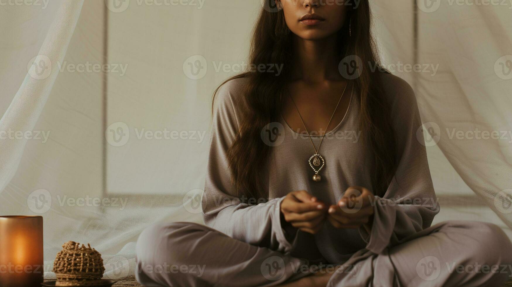 generativo ai, mujer haciendo meditación, estético apagado beige colores foto