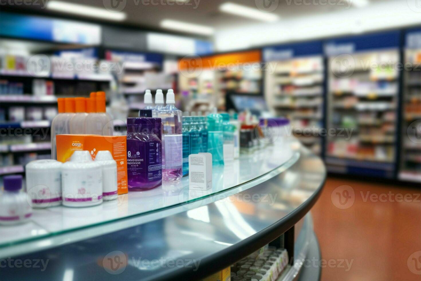 Blurred shelves in the supermarket display a range of healthcare products AI Generated photo