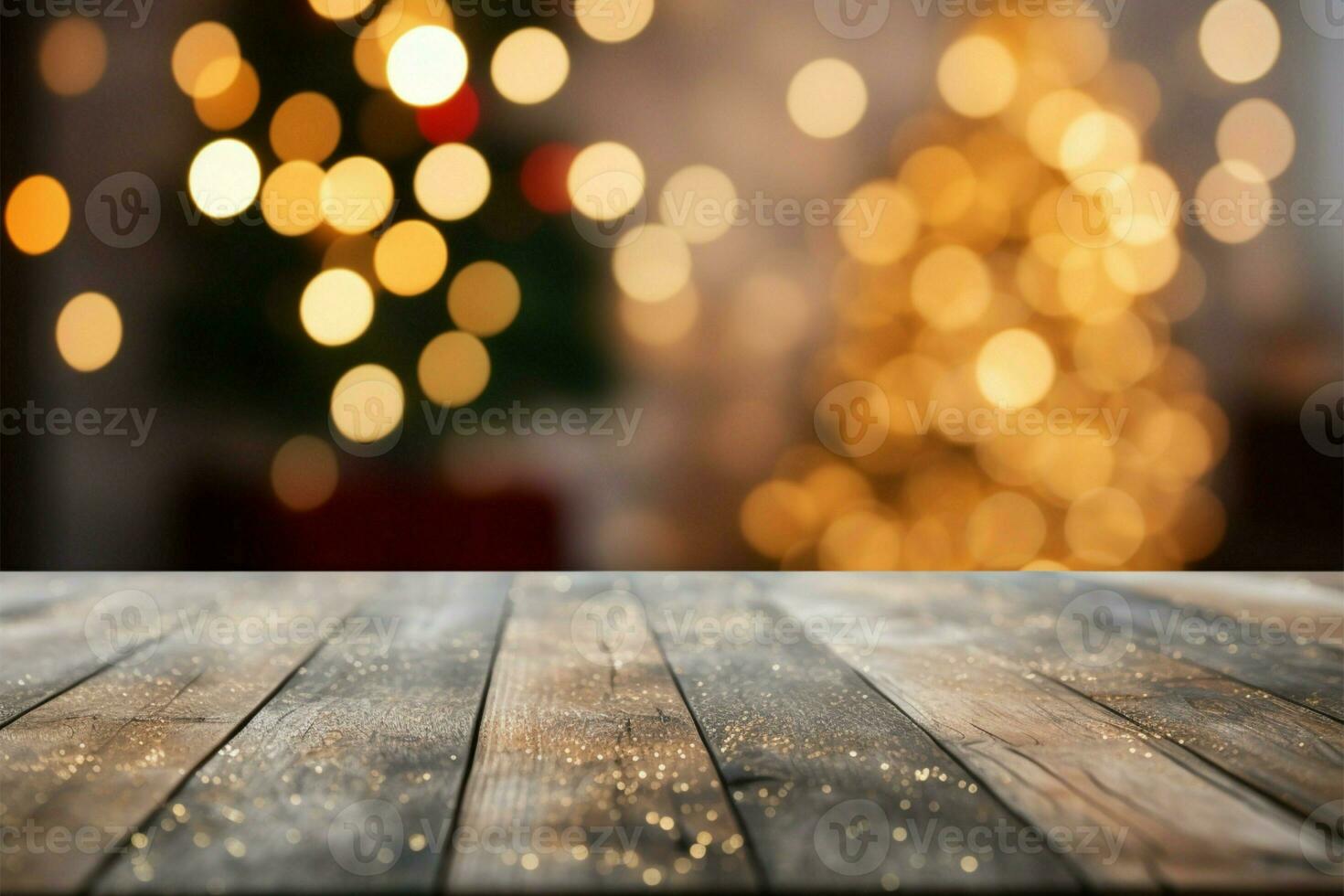 Bokeh lights from a Christmas tree backdrop an empty tabletop AI Generated photo