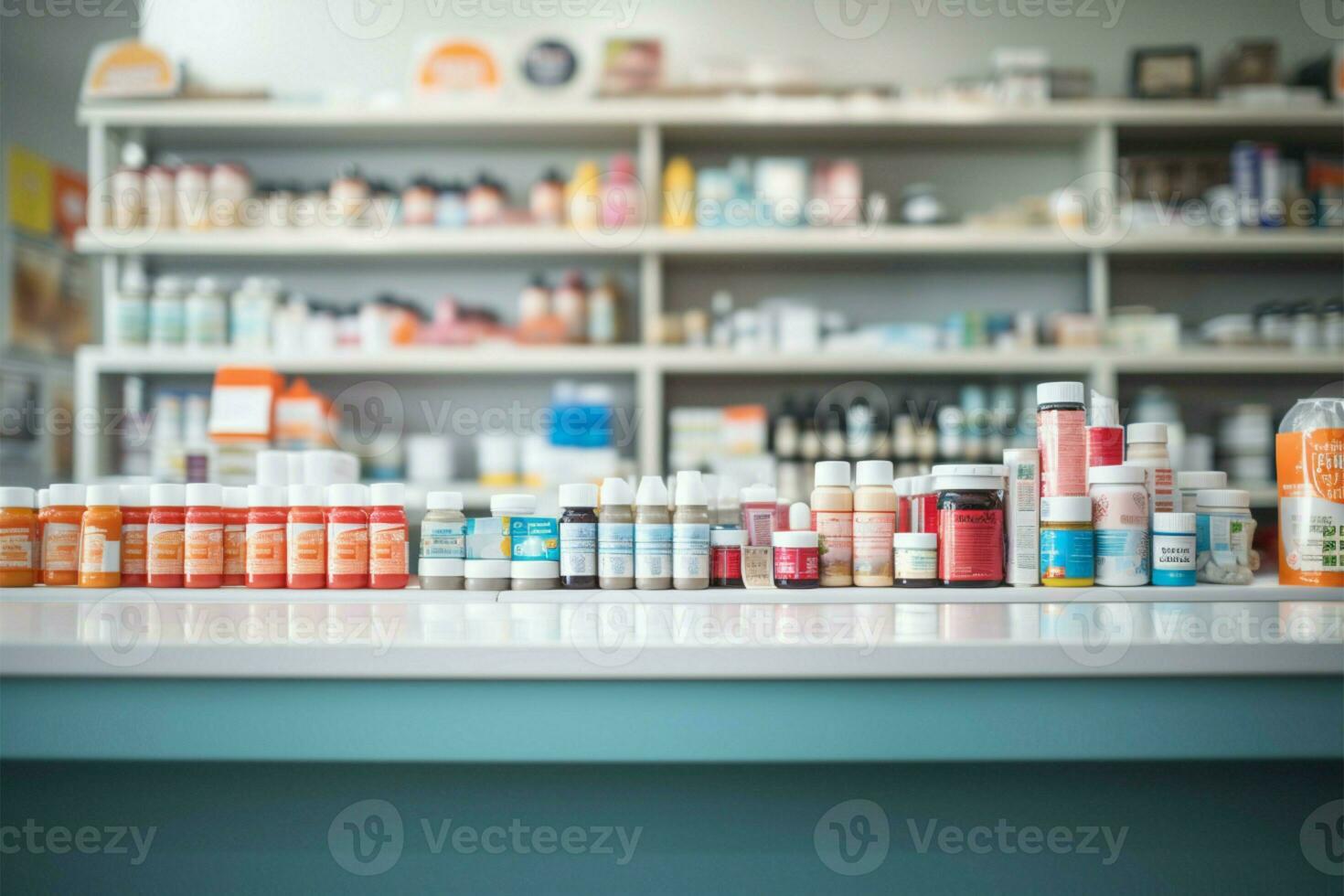 Busy pharmacy table with neatly arranged medicines on store shelves AI Generated photo