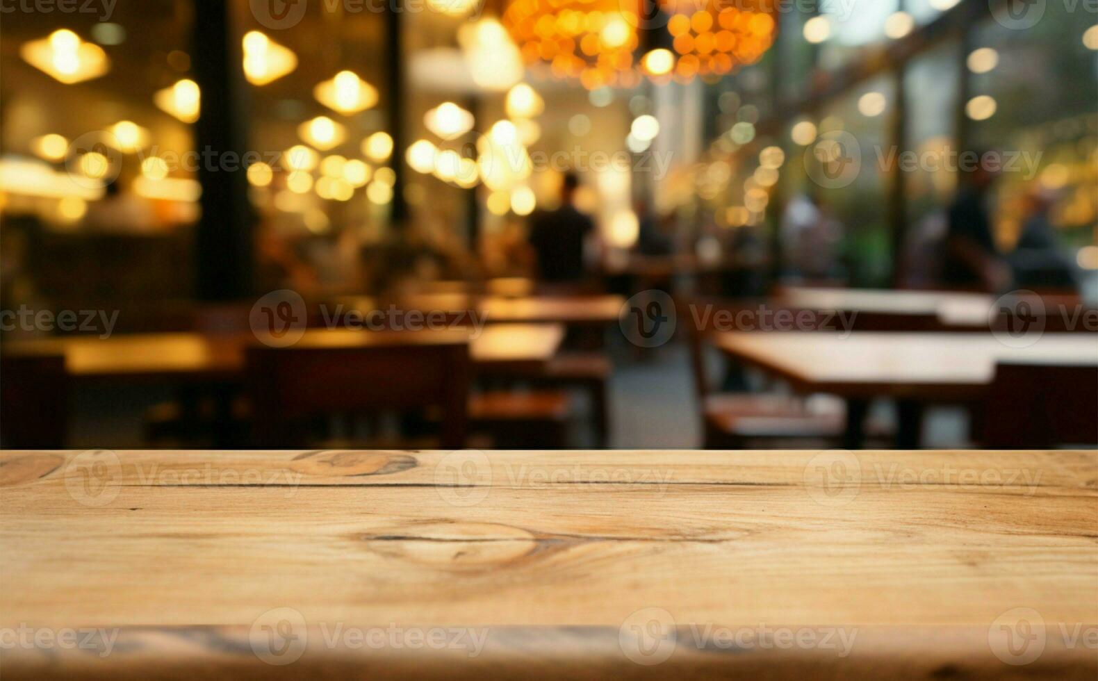 Cafes dynamic blur complements a wooden table in a cozy setting AI Generated photo
