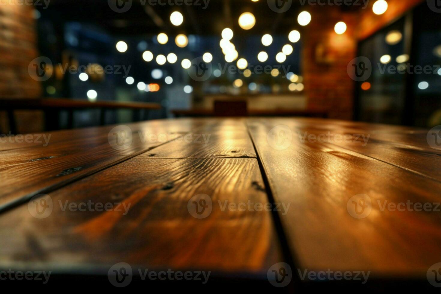 Bokeh lit cafe ambiance, detailed view of a wooden table surface AI Generated photo