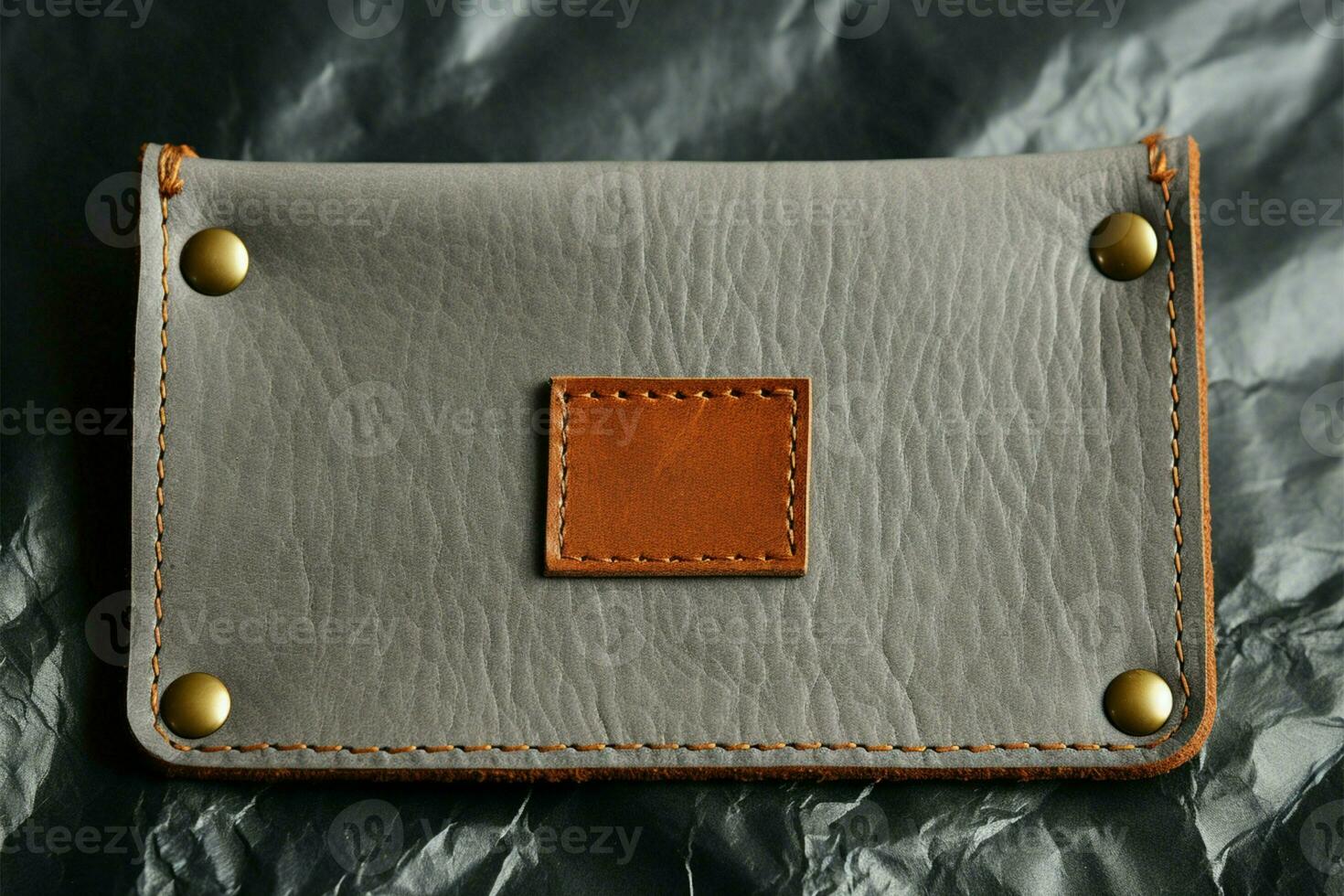 Blank leather tag on textured gray fabric creates an understated look AI Generated photo