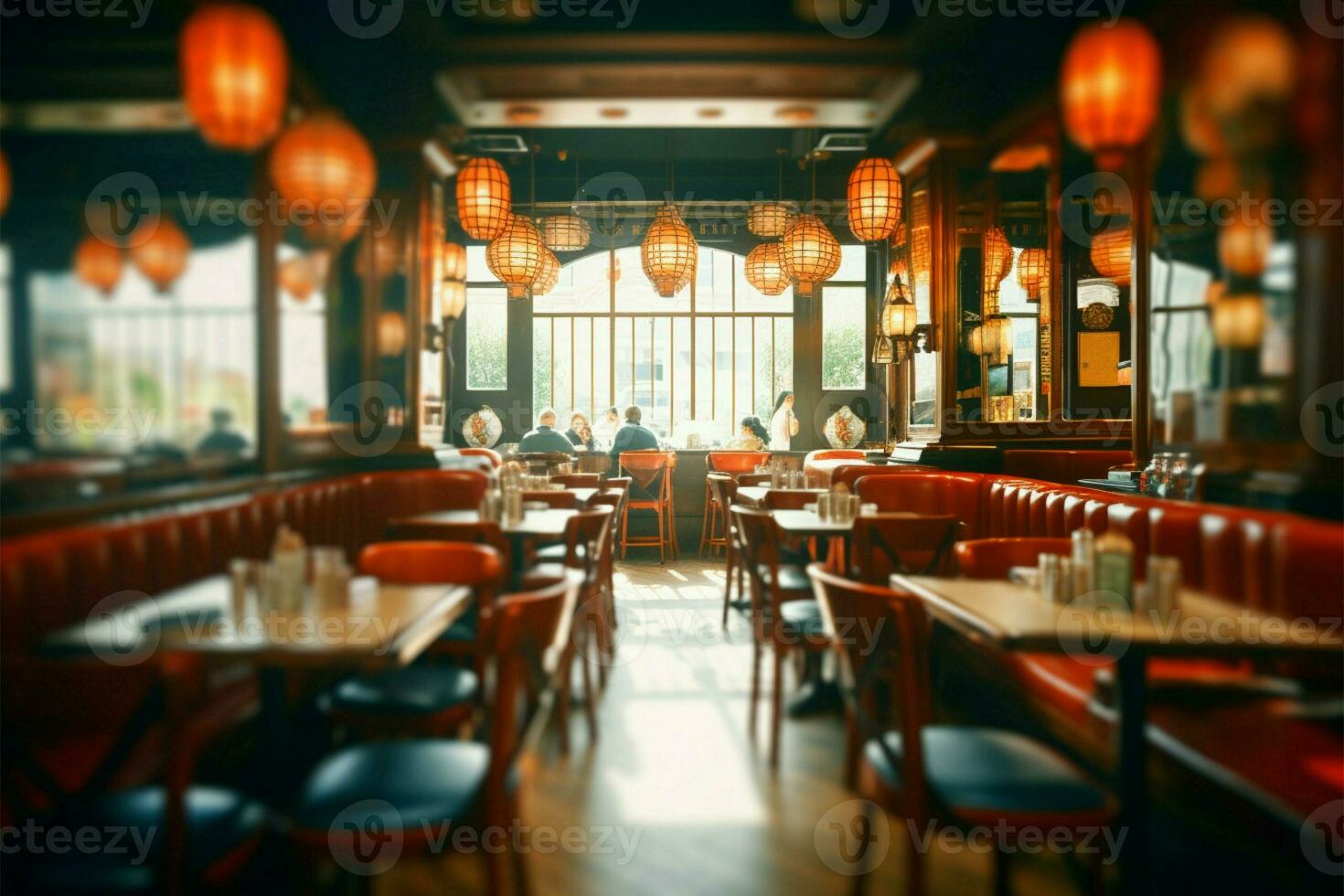 An artistic blur transforms a vintage cafe restaurant interior into a backdrop AI Generated photo