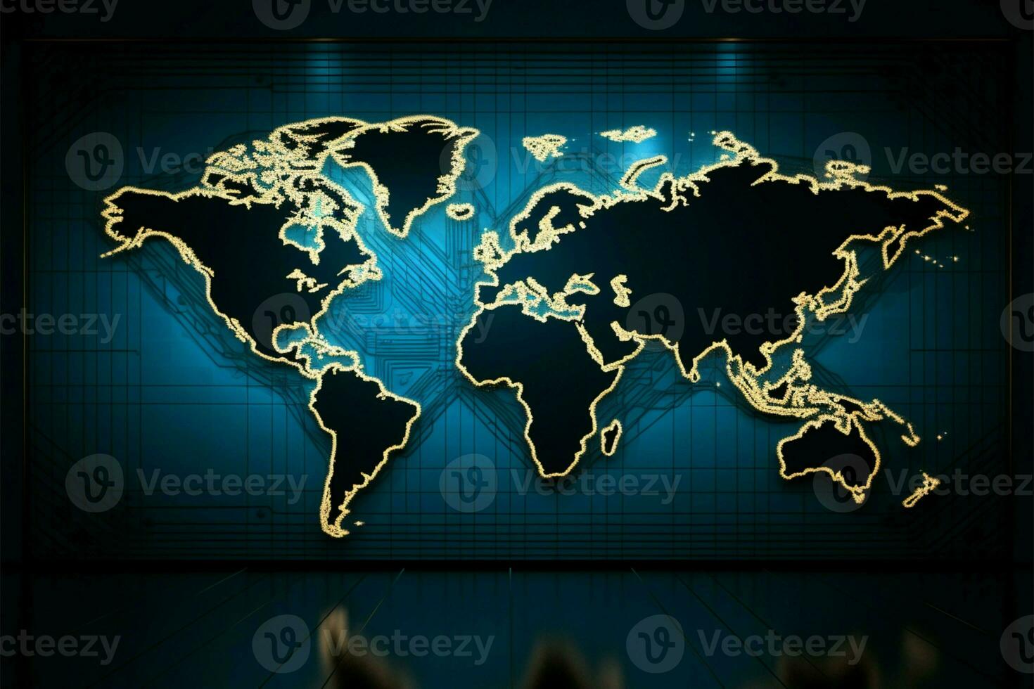 Abstract world map shines on textured blue LED wall backdrop AI Generated photo
