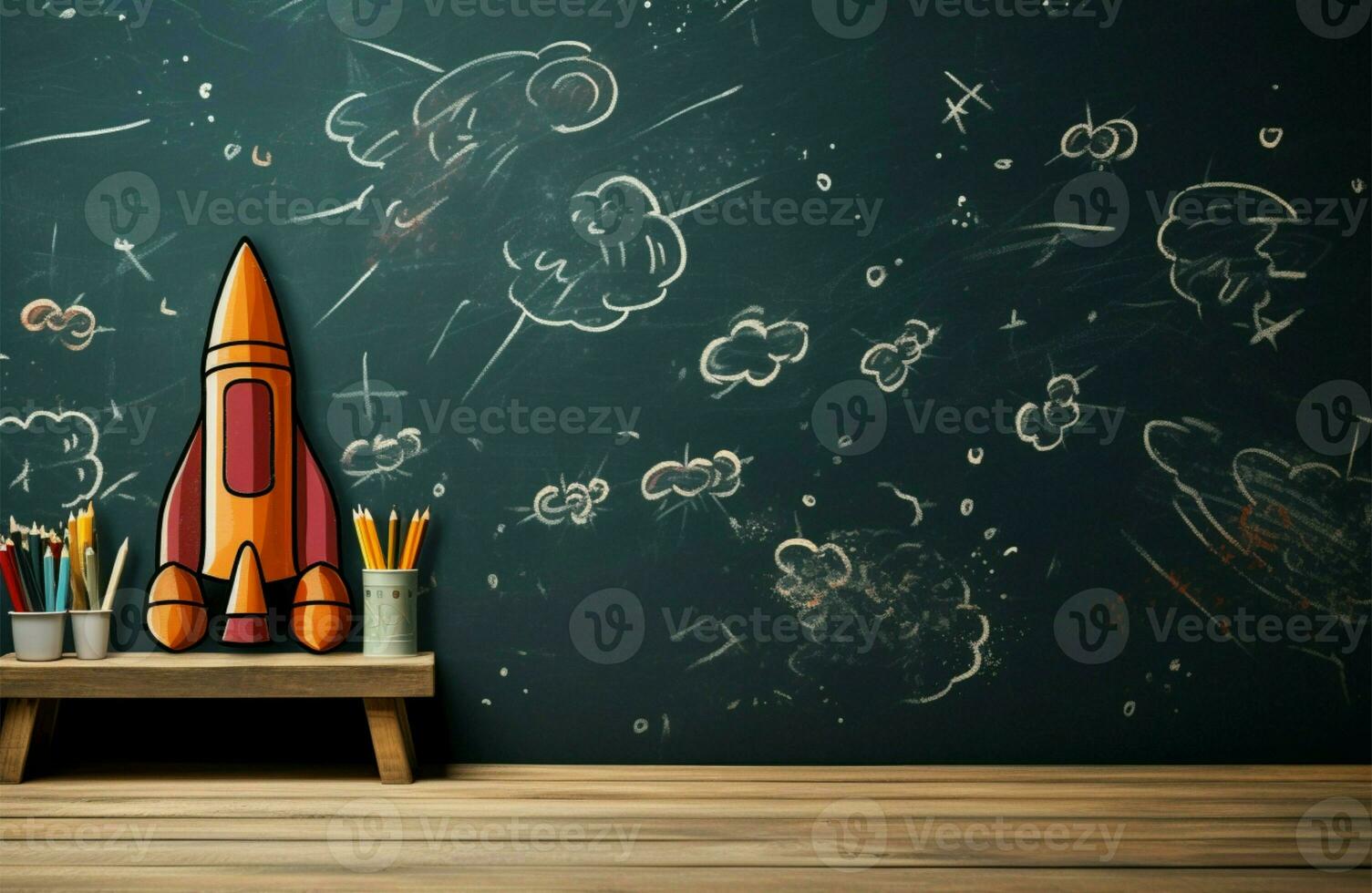 Back to school themed setup wooden table, retro rocket chalk drawing AI Generated photo