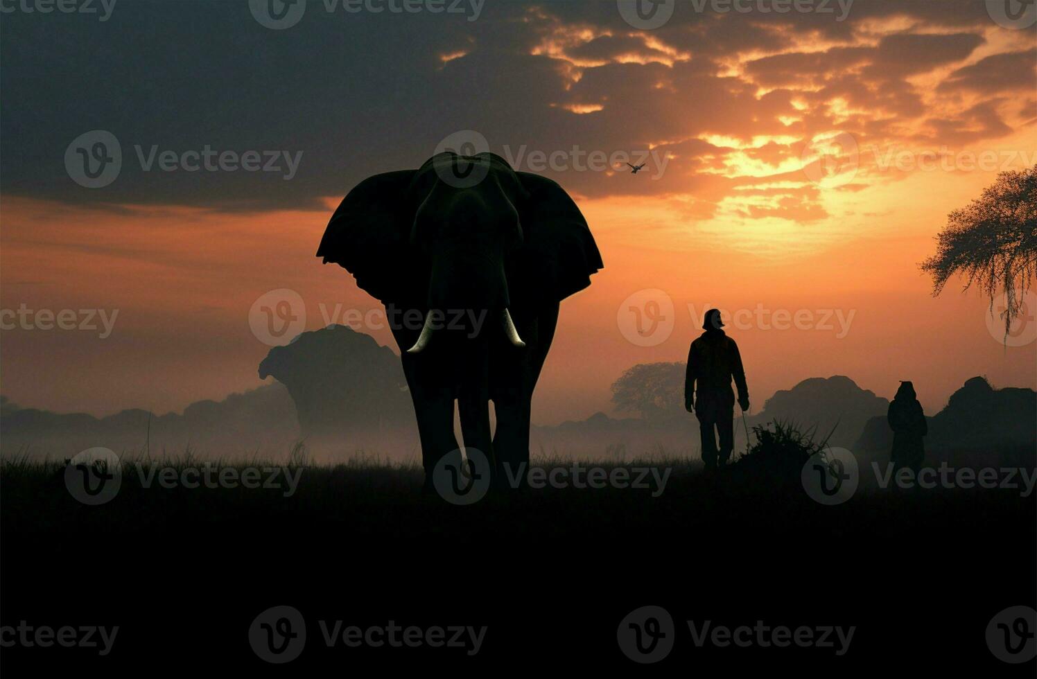 At sunrise, a mahout and elephant create a picturesque silhouette AI Generated photo