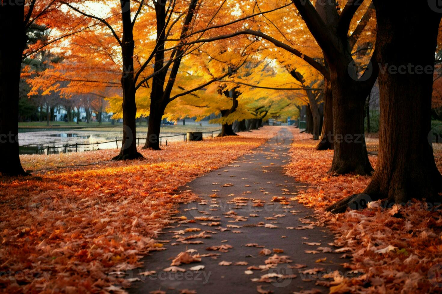 Autumns magic a park path, strewn with vivid maple leaves AI Generated photo