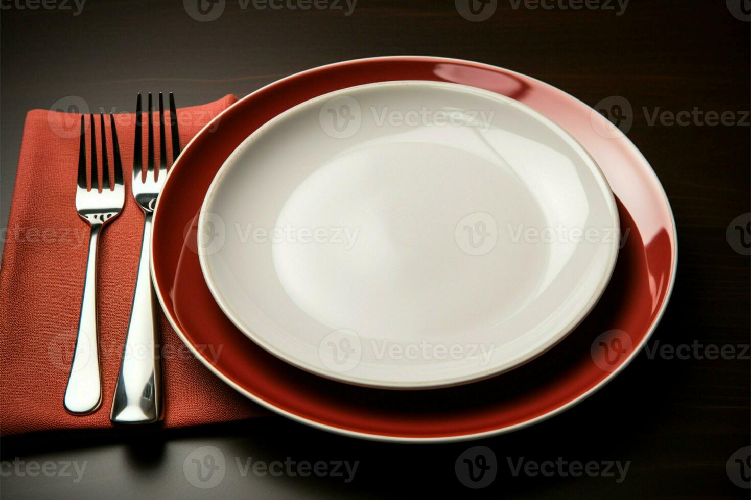 An empty plate adorned with gleaming knife, fork, and spoon AI Generated photo