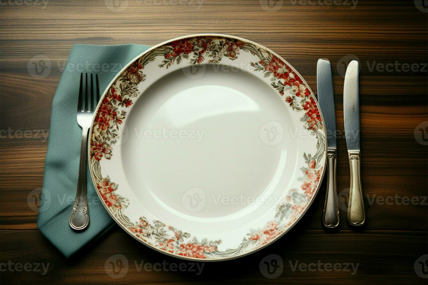 An empty plate, accented by a trio of pristine utensils AI Generated photo