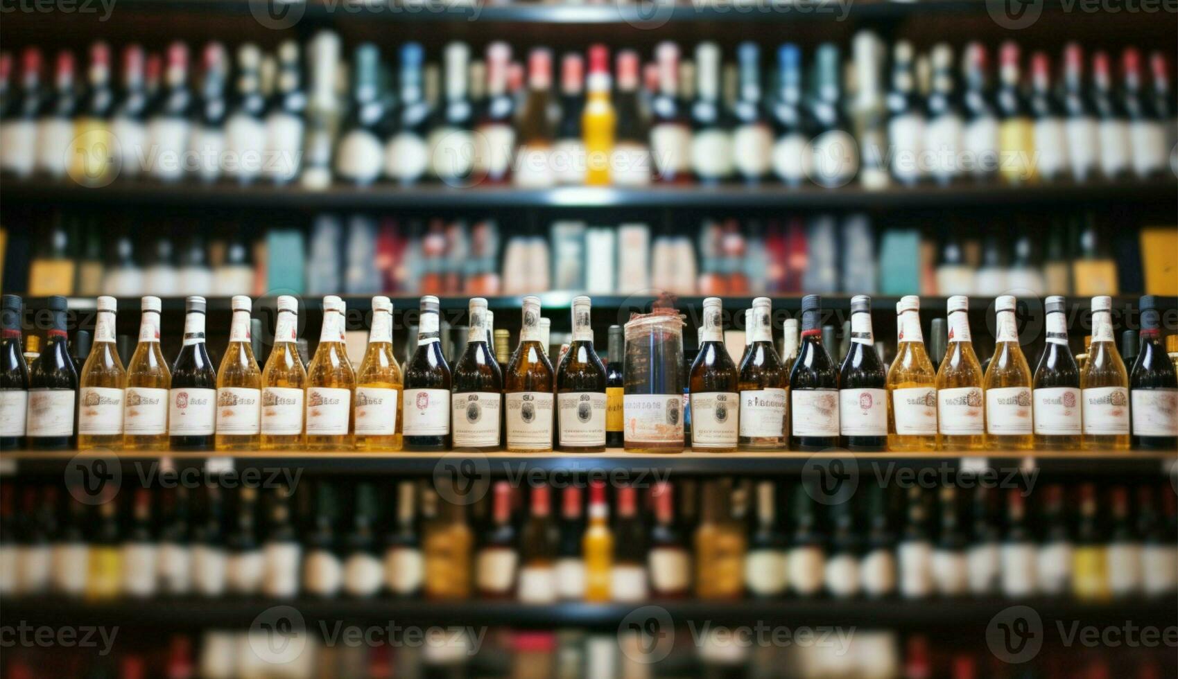 Blurred wine bottles on store shelves, setting a captivating backdrop AI Generated photo